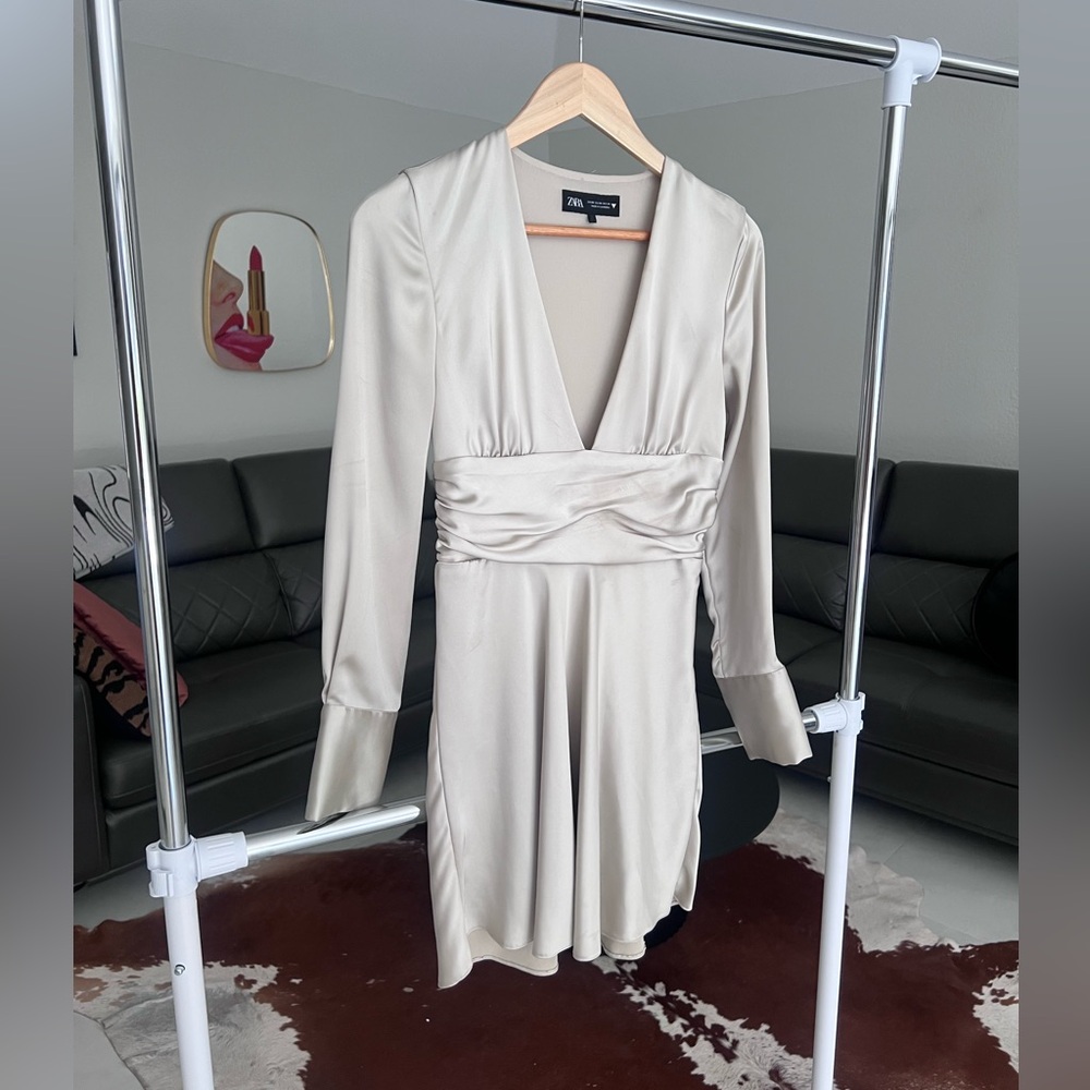 Zara Cream Satin Long Sleeve Mini Dress XS